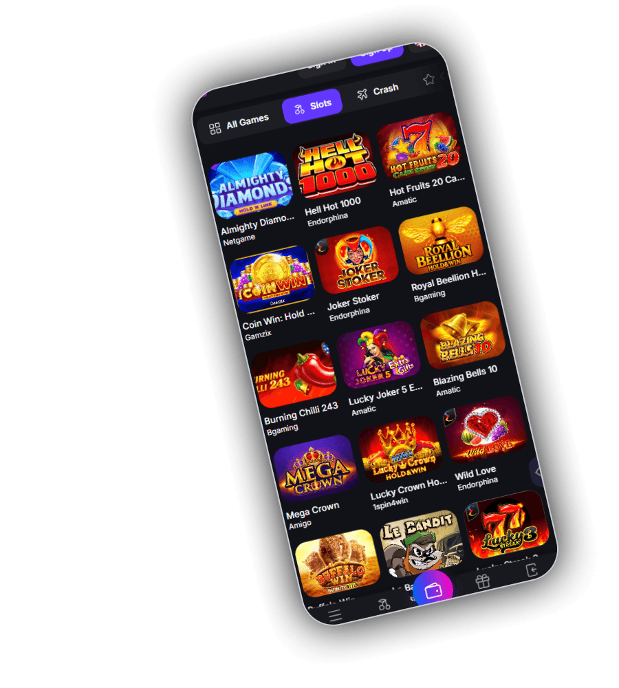 Zeppelin slot lobby on a phone with All Games, Slots and Crash tabs and tiles for Almighty Diamond, Hell Hot 1000, Hot Fruits 20, Coin Win, Joker Stoker, Royal Beellion, Burning Chilli 243, Lucky Joker 5, Blazing Bells 10, Mega Crown, Lucky Crown and Wild Love