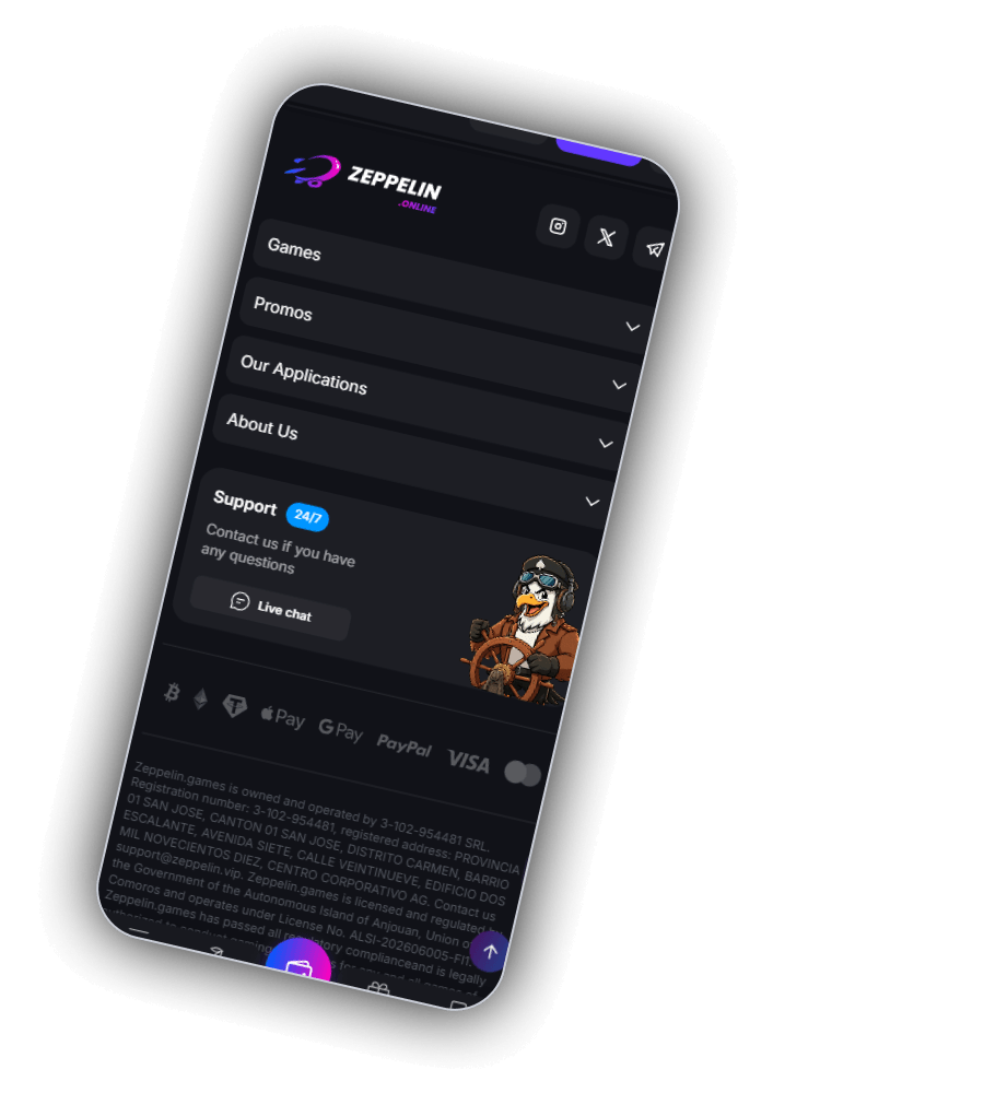 Zeppelin footer on a phone with Games, Promos, Our Applications and About Us menus, a Support 24/7 block with a Live chat button and the bird pilot at a ship wheel, payment logos for Bitcoin, Ethereum, Tether, Apple Pay, Google Pay, PayPal, Visa and Mastercard, and the operator and licence text