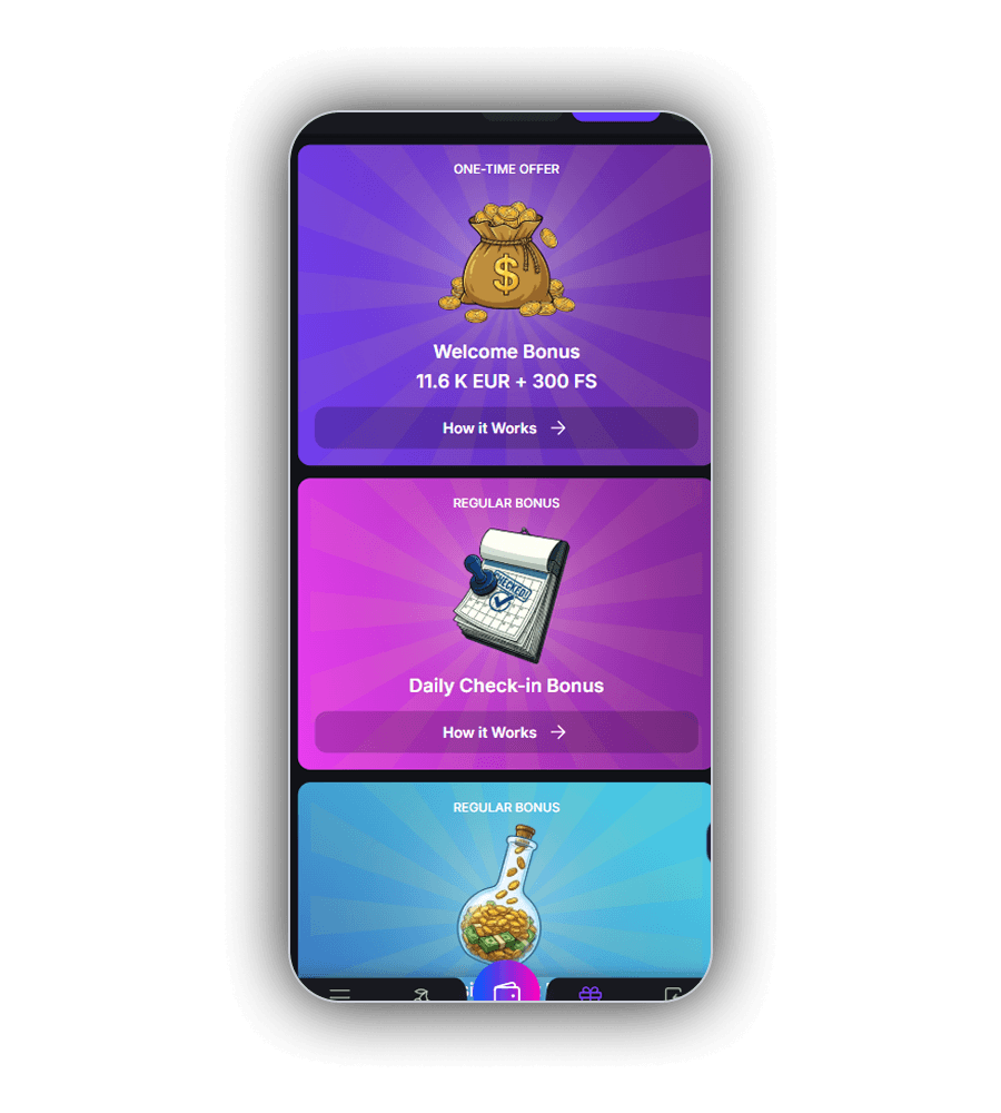 Zeppelin bonuses screen on a phone with a purple One-time offer card showing a money bag and Welcome Bonus 11.6 K EUR plus 300 FS, a pink Regular bonus card with a calendar for the Daily Check-in Bonus, a blue Regular bonus card with a bottle of coins and How it Works buttons