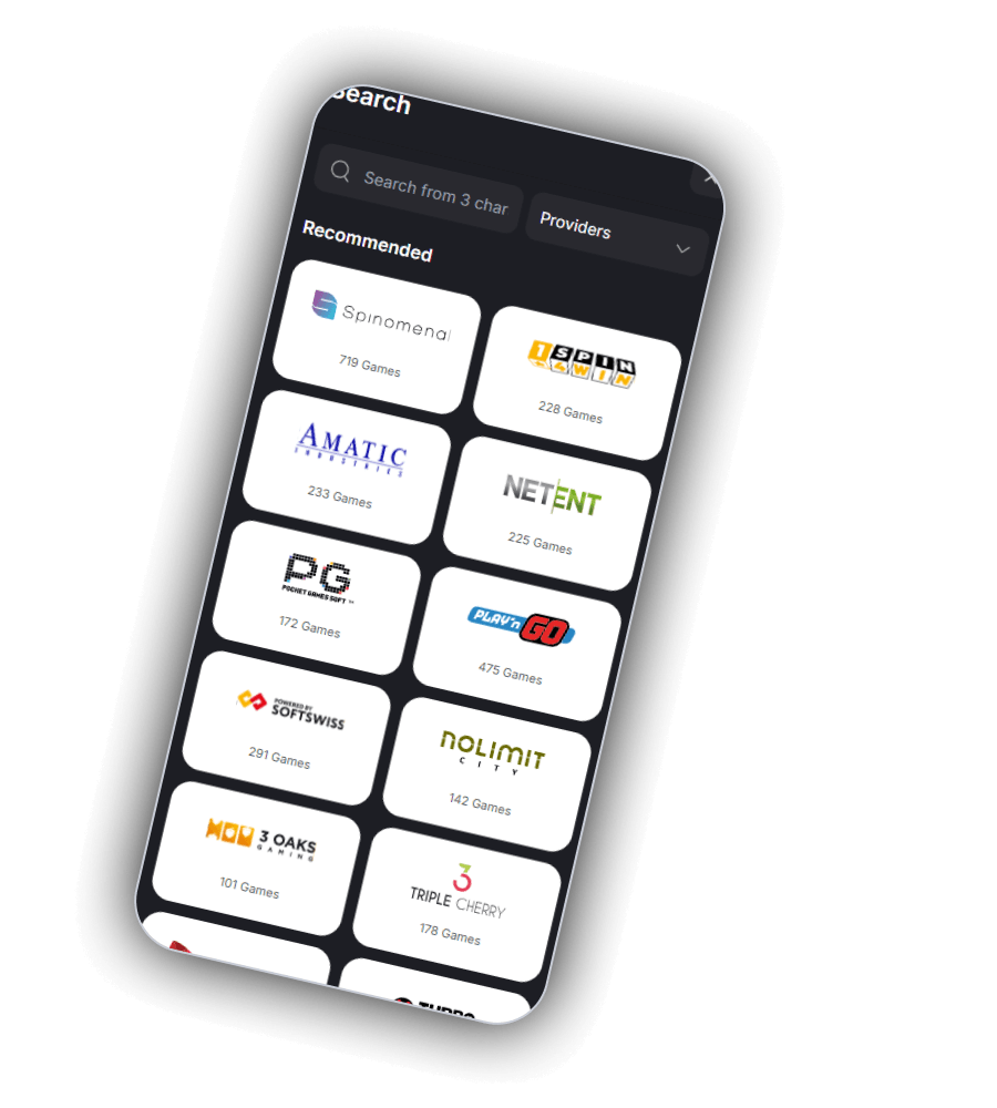 Zeppelin provider search on a phone with a field that searches from three characters, a Providers menu and Recommended studio cards for Spinomenal, 1spin4win, Amatic, NetEnt, PG Soft, Play n GO, Softswiss, Nolimit City, 3 Oaks and Triple Cherry with their game counts