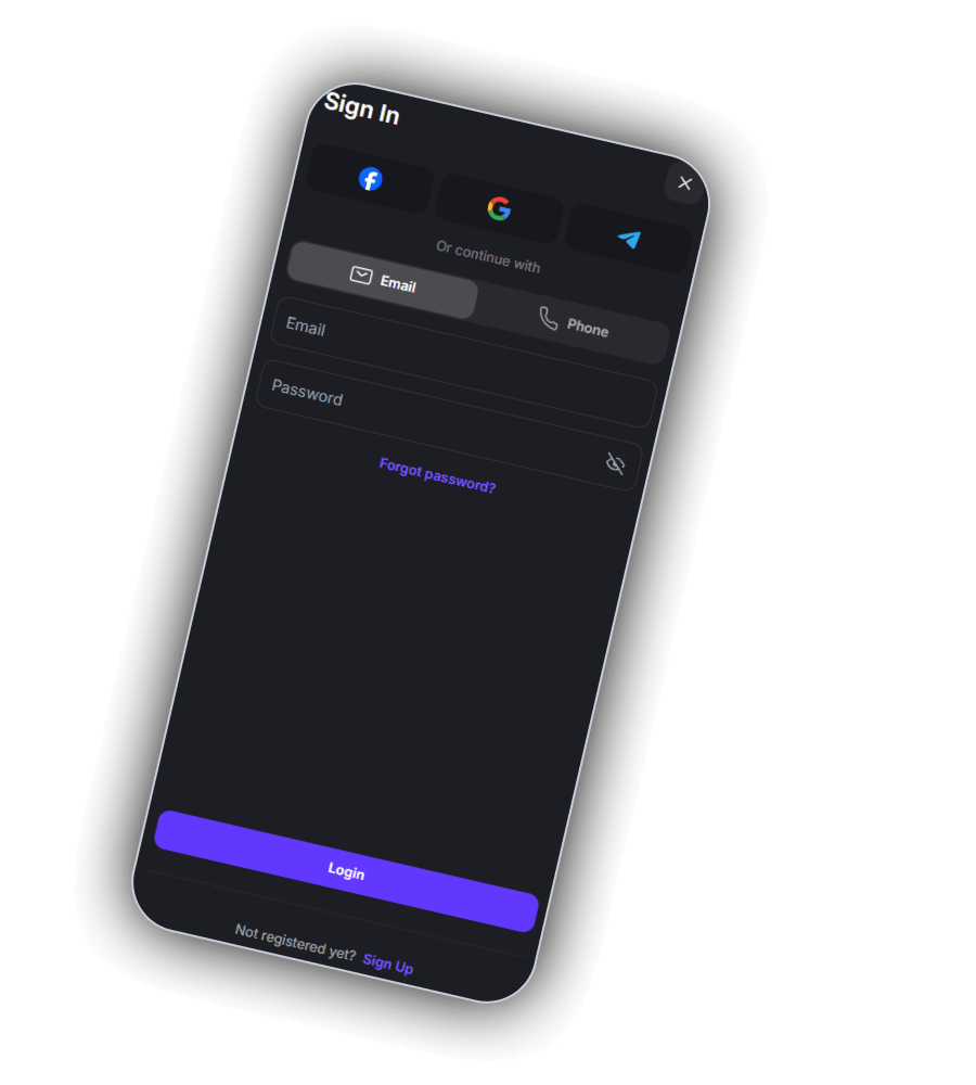 Zeppelin Sign In screen on a phone with Facebook, Google and Telegram buttons, Or continue with, Email and Phone tabs, Email and Password fields with an eye icon, a Forgot password link, a purple Login button and the line Not registered yet Sign Up