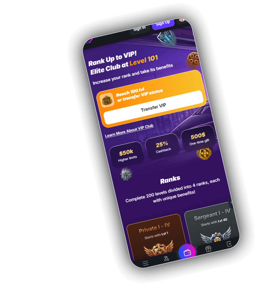 Zeppelin VIP page on a phone with the heading Rank Up to VIP, Elite Club at Level 101, an orange card to reach level 100 or transfer VIP status, tiles for 50k higher limits, 25 percent cashback and a 500 one-time gift, and Ranks cards for Private I to IV from level 1 and Sergeant I to IV from level 40